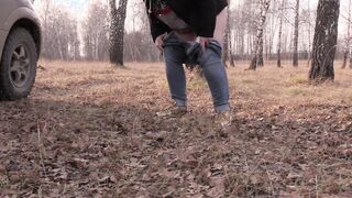 Piss inside the woods older BBW mom with bushy pussy.