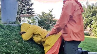 HornyMILF gets filled with huge cock wearing rainwear and pvc boots outdoor