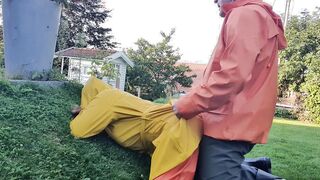 HornyMILF gets filled with huge cock wearing rainwear and pvc boots outdoor