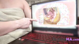Ma teaches son anatomy with her own body