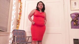 Obese Latina stuffing herself into a tight dress