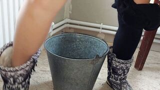 Russian sluts from the village goes to the bathroom inside a bucket