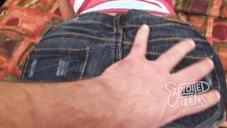 An adorable teen with a shaved cunt fucks and sucks