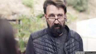 Brunette tourist dominated by older man