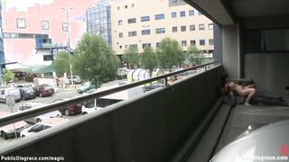 Shaved pussy Euro babe fucked in public