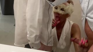double suction. Depraved bitch blows 2 huge dicks inside the WC