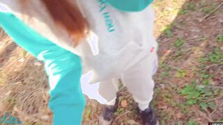 bimbos masturbates to a stranger public and cum on stockings