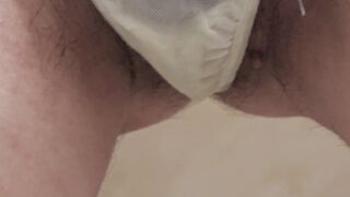 Standing piss through white lingerie, bushy snatch old mom.