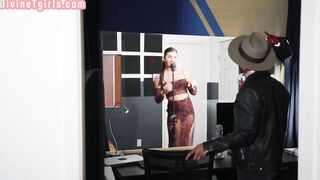 Ladyboy Goddess fucks into interracial duo into singing booth