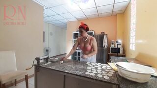 A nude housewife is preparing dinner inside the kitchen. The depraved whimsical housekeeper Bra one