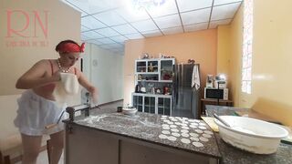 A nude housewife is preparing dinner inside the kitchen. The depraved whimsical housekeeper Bra one