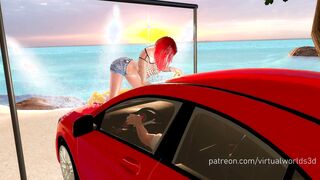 Woman into red shirt carwash breast expansion