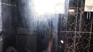 Young man eating his friend's aunt into the restroom of