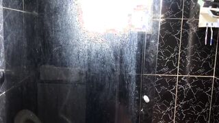 Young man eating his friend's aunt into the restroom of
