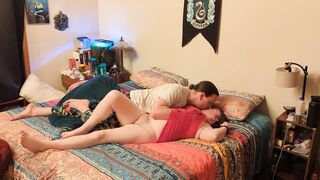 BBW loves a deep penis on her colorful new sheets!!