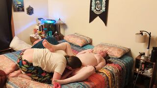 BBW loves a deep penis on her colorful new sheets!!
