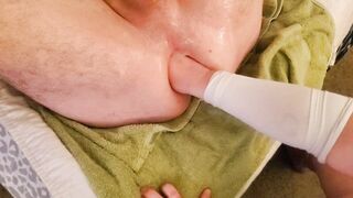 Double anal dildos and rough anal punch fisting him until he jizzes!!!