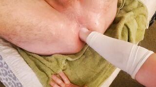 Double anal dildos and rough anal punch fisting him until he jizzes!!!