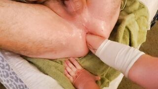 Double anal dildos and rough anal punch fisting him until he jizzes!!!