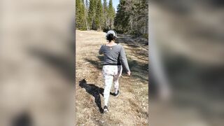 bimbo walks on outdoor trail with no lingerie gets her vagina cumshot then cumwalks!