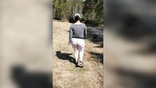 bimbo walks on outdoor trail with no lingerie gets her vagina cumshot then cumwalks!
