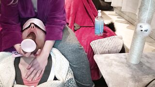 Subby husband her sissy training. Gagging cock..