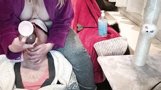 Subby husband her sissy training. Gagging cock..
