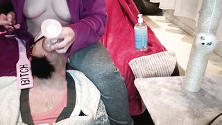 Subby husband her sissy training. Gagging cock..