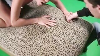 Cuckold cleans the cum of three african guys off his teenagers mistress