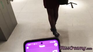 Outdoors Flash - Female orgasm with remote dildo at shopping center - Control professor's twat with Lush
