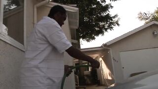 Fatty black ex-wife helping husband washing car.mp4