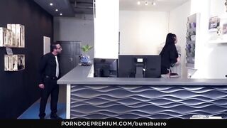 BUMS BUERO – Silicone hooters get cum sprayed in wild