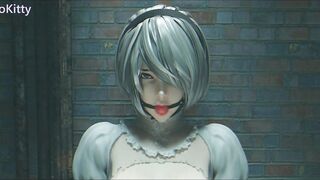 Nier 2b Experiences Fast Double Penetration Vibrator Dildo Machine inside Outdoor Restroom - Ball Gag