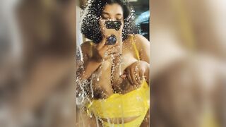 Lactating momma sprays mirror over and over