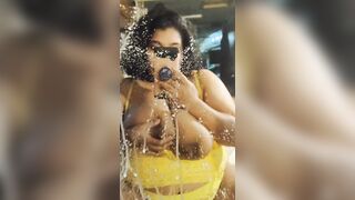 Lactating momma sprays mirror over and over