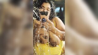 Lactating momma sprays mirror over and over