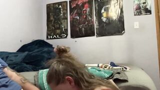 Pink bond gagged sucking off her domina after a live