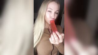 Older Goddess shows her huge breasts and blows a toy