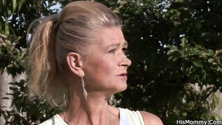 Very older mother toying his GF outdoor