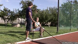 Very older mother toying his GF outdoor