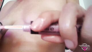 nippleringlover goddess MILF fucking pierced nipples with lipstick intense spread