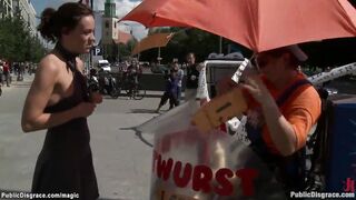 Blindfolded inside leather banged into outdoor