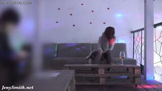 Jeny Smith posing a stranger. Then he grind her inside
