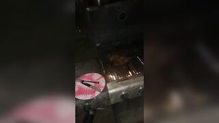 Gorgeous mistress grilling stakes and suck penis outdoors