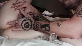 Slender white sluts takes hand and enormous sex toy
