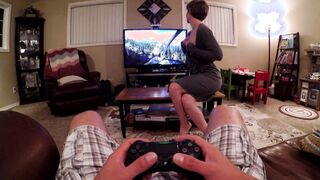 Sucking Off His Dick While He Games Cum on Boobies