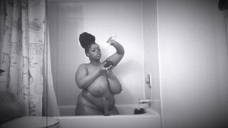 21 year older thick bbw strip posing + dildo fucking into the shower