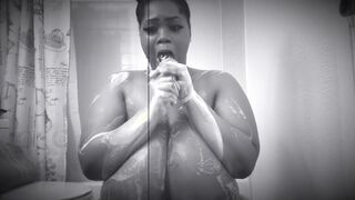 21 year older thick bbw strip posing + dildo fucking into the shower