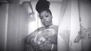 21 year older thick bbw strip posing + dildo fucking into the shower