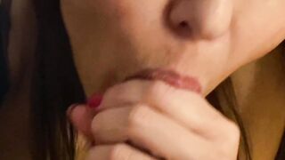 Bomshell dark haired with crazy hot lips blows her man's long cock with hunger